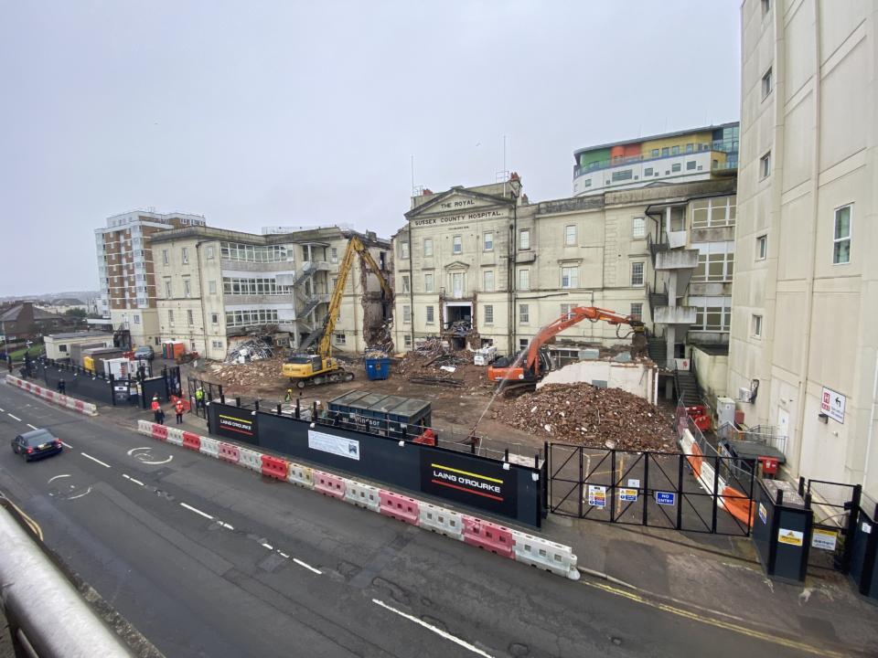 Demolition works begin on the Barry Building at Royal Sussex County Hospital to make way for new cancer centre